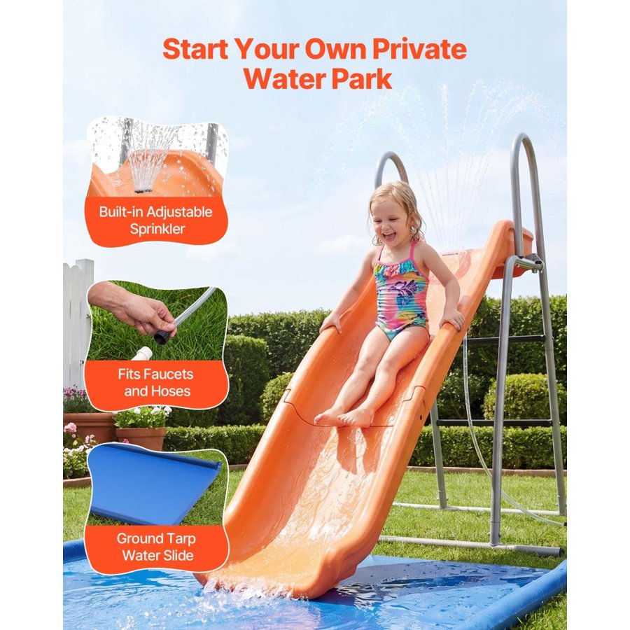 VEVOR Water Slide, 165 cm Outdoor Waterslide for Kids, Free Standing Pool Wave Slide with Ground Tarp, Built in Adjustable Sprinkler, Metal Plastic Playground Equipment, Platform for Backyard Fun