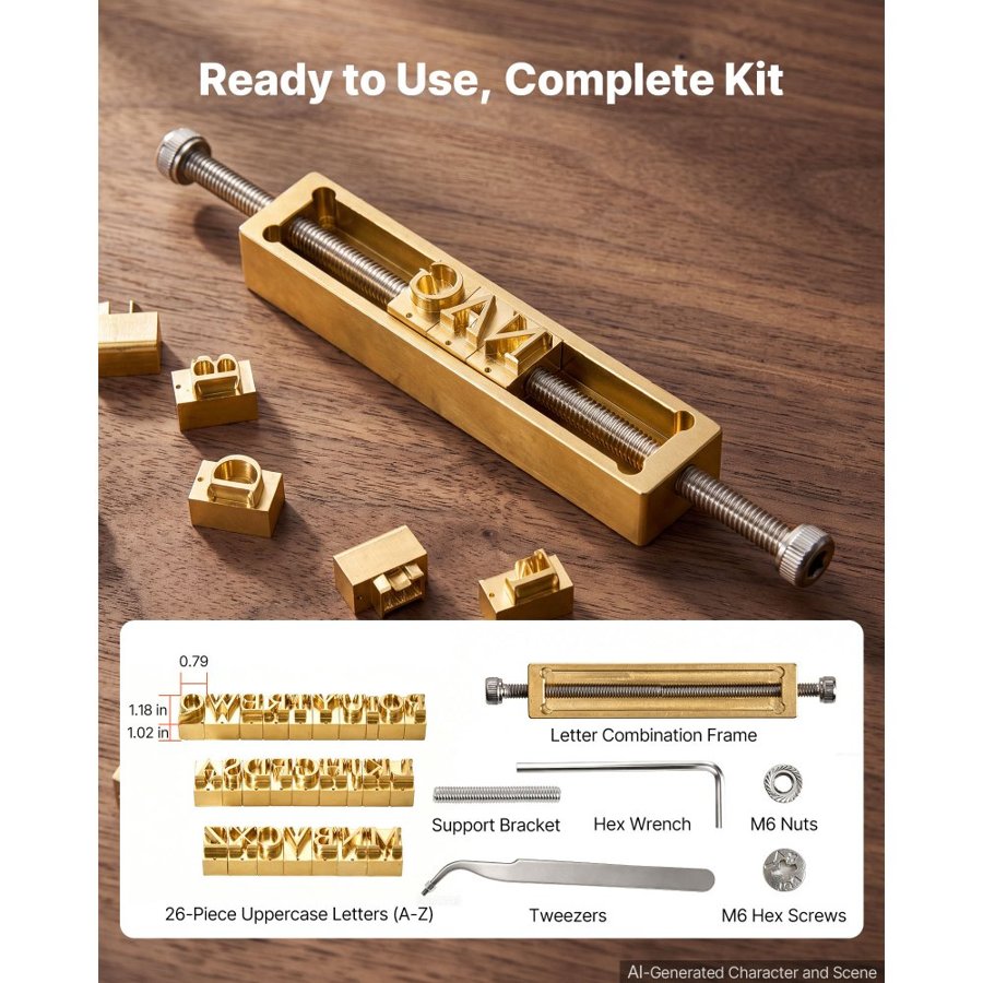 VEVOR Hot Stamp Letters Brass Stamping Tools 26-Piece Flexible Letters, Compatible with VEVOR Stamping Machine, Flexible A to Z Alphabet Stamp Set, with Hex Wrench, Nuts, Screws, Bracket, Tweezers