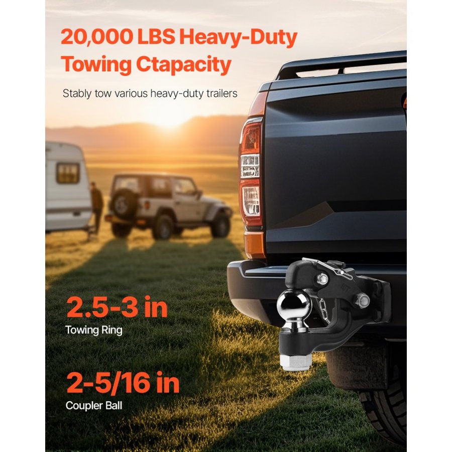 VEVOR Pintle Hook, 20000 lbs Towing Capacity, Trailer Hitches Receiver Hook Combination 2-5/16-inch Hitch Ball, Fits 2.5 to 3-inch Lunette Ring with Mounting Kit, Wear-resistant, Black Powder Coat
