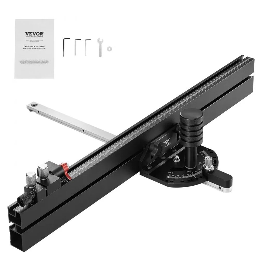 VEVOR Precision Miter Gauge, Standard Slot 19 x 9.5 mm, Aluminum Alloy Table Saw Miter Gauge with 61 cm Grating 15 Angle Stops Adjustable Spring Loaded Plunger and Removable Disc, for Woodworking