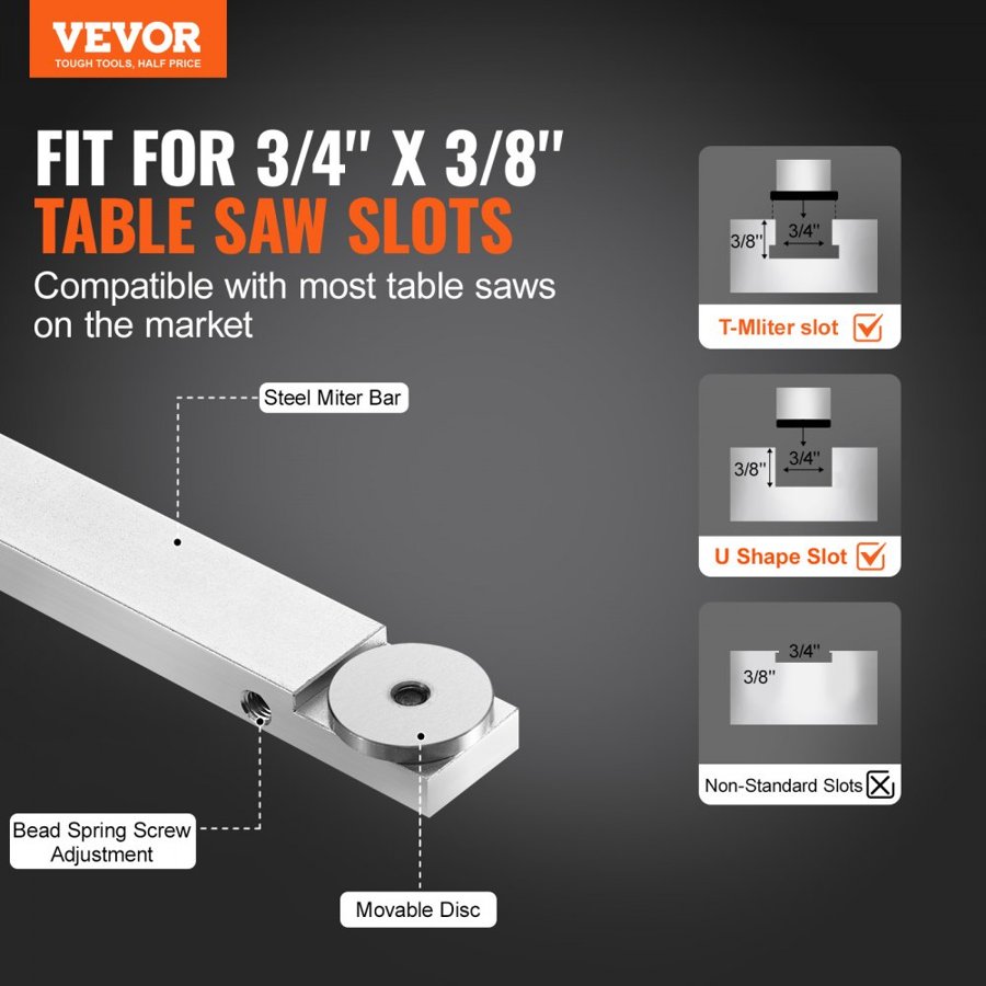 VEVOR Precision Miter Gauge, Standard Slot 19 x 9.5 mm, Aluminum Alloy Table Saw Miter Gauge with 61 cm Grating 15 Angle Stops Adjustable Spring Loaded Plunger and Removable Disc, for Woodworking