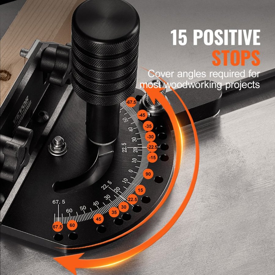 VEVOR Precision Miter Gauge, Standard Slot 19 x 9.5 mm, Aluminum Alloy Table Saw Miter Gauge with 61 cm Grating 15 Angle Stops Adjustable Spring Loaded Plunger and Removable Disc, for Woodworking