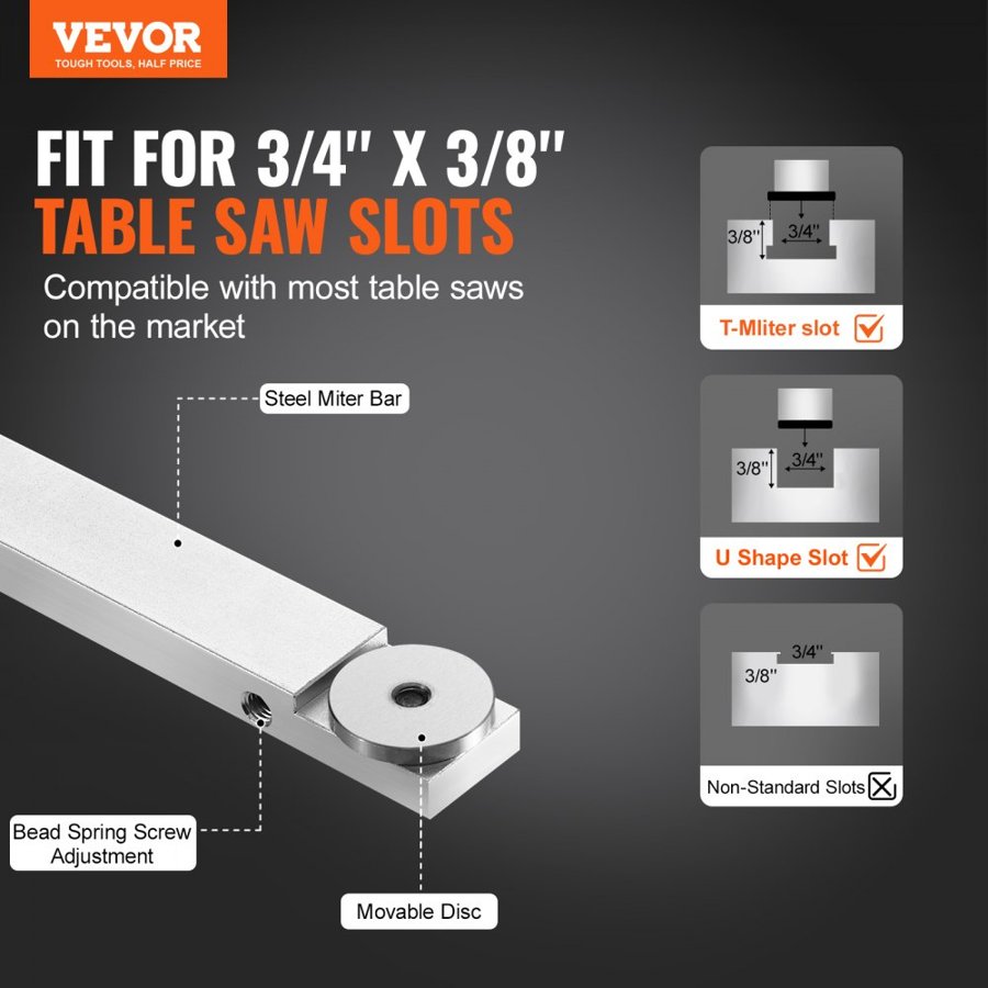 VEVOR Precision Miter Gauge, Standard Slot 19 x 9.5 mm, Aluminum Alloy Table Saw Miter Gauge with 45.7 cm Grating 15 Angle Stops Adjustable Spring Loaded Plunger and Removable Disc, for Woodworking