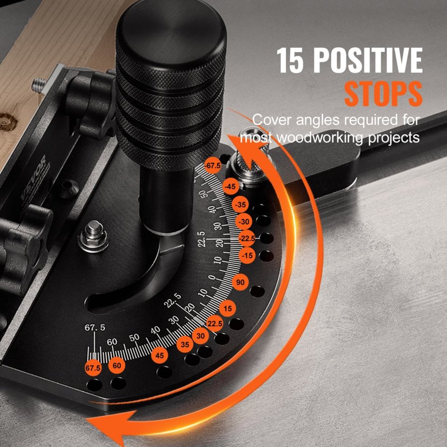 VEVOR Precision Miter Gauge, Standard Slot 19 x 9.5 mm, Aluminum Alloy Table Saw Miter Gauge with 45.7 cm Grating 15 Angle Stops Adjustable Spring Loaded Plunger and Removable Disc, for Woodworking