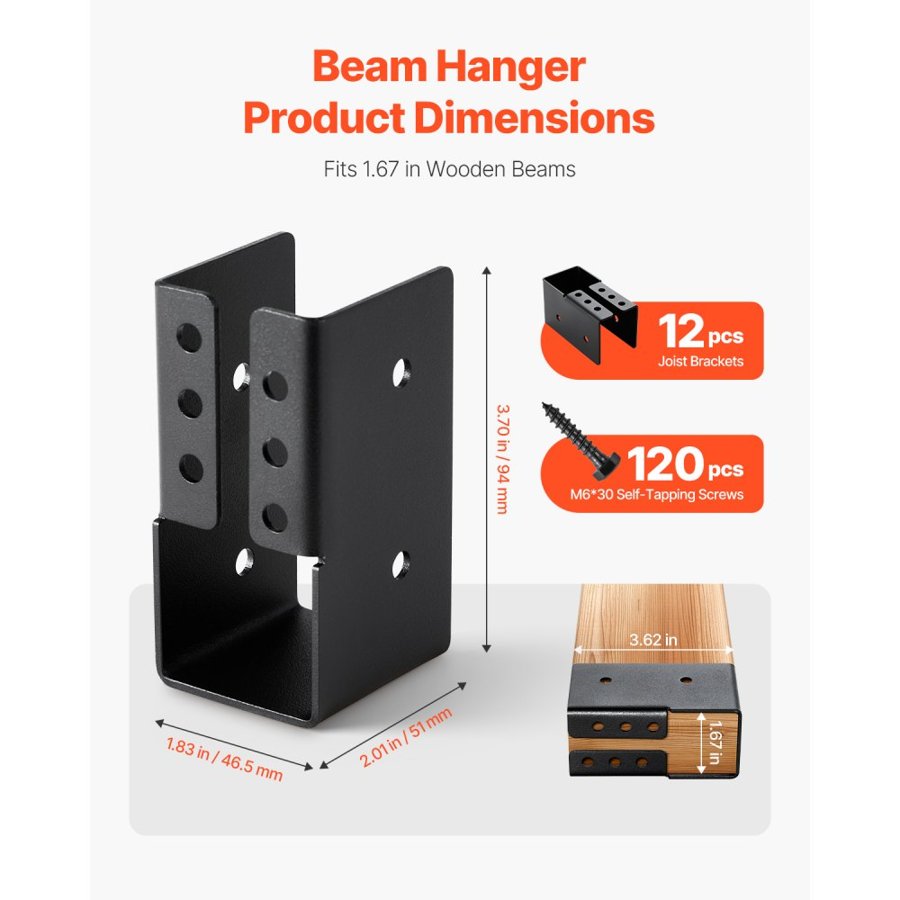 VEVOR Concealed Joist Hanger, 2x4 Inch Outdoor Concealed-Flange Joist Bracket with Screws, Steel Light Joist Hangers for 1.93 x 3.62 Inch / 49 x 92 mm Beam, Swing, Fence, Wooden Slides, 12 Pcs