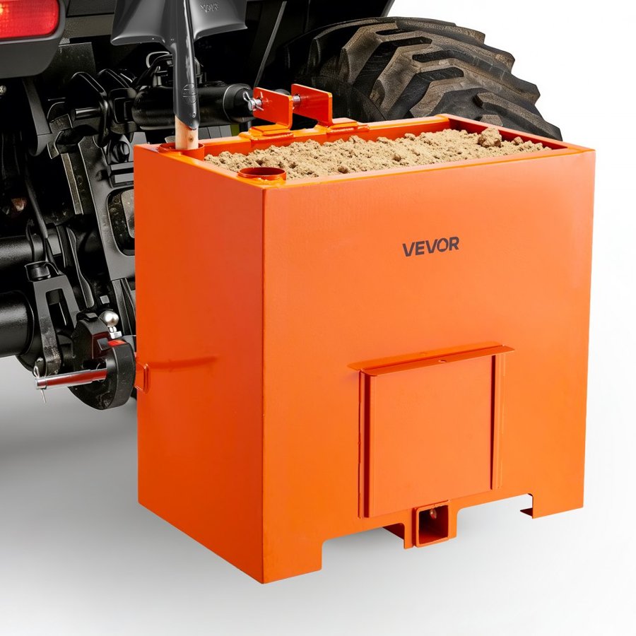 VEVOR Ballast Box, 3-Point Category 1 Tractor Ballast of 363 kg Capacity, with Standard 55 mm Hitch Receiver, Heavy-Duty Steel 0.14 m³ Large Volume Durable Loader Attachment with Sliding Door, Orange