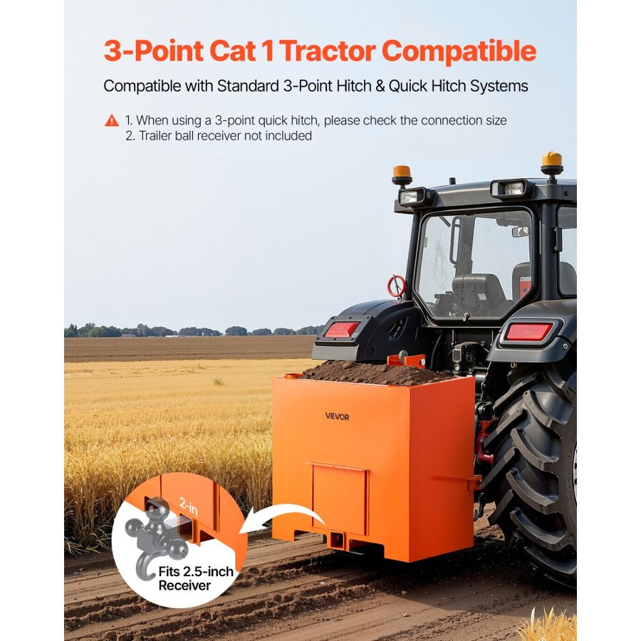 VEVOR Ballast Box, 3-Point Category 1 Tractor Ballast of 363 kg Capacity, with Standard 55 mm Hitch Receiver, Heavy-Duty Steel 0.14 m³ Large Volume Durable Loader Attachment with Sliding Door, Orange