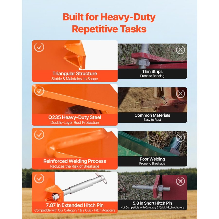 VEVOR Ballast Box, 3-Point Category 1 Tractor Ballast of 363 kg Capacity, with Standard 55 mm Hitch Receiver, Heavy-Duty Steel 0.14 m³ Large Volume Durable Loader Attachment with Sliding Door, Orange