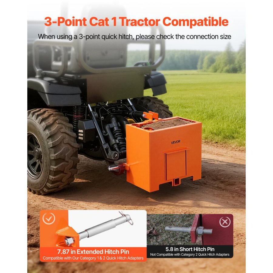 VEVOR Ballast Box, 3-Point Category 1 Tractor Ballast of 363 kg Capacity, with Standard 55 mm Hitch Receiver, Heavy-Duty Steel 0.09 m³ Large Volume Durable Loader Attachment with Sliding Door, Orange