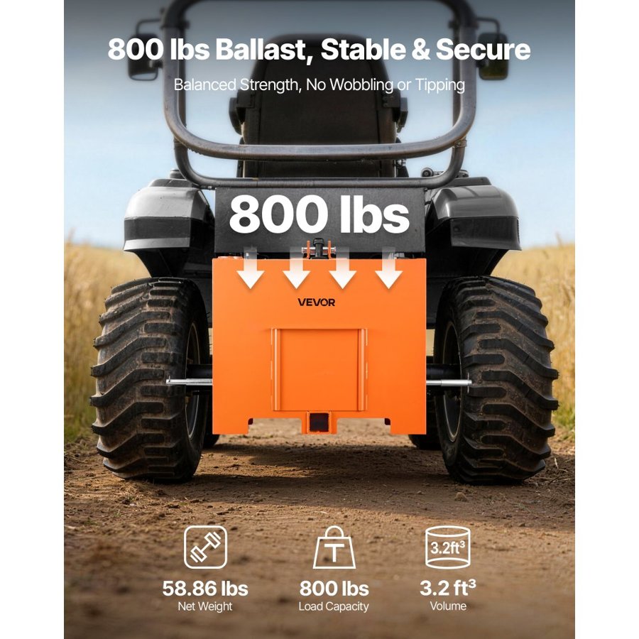 VEVOR Ballast Box, 3-Point Category 1 Tractor Ballast of 363 kg Capacity, with Standard 55 mm Hitch Receiver, Heavy-Duty Steel 0.09 m³ Large Volume Durable Loader Attachment with Sliding Door, Orange