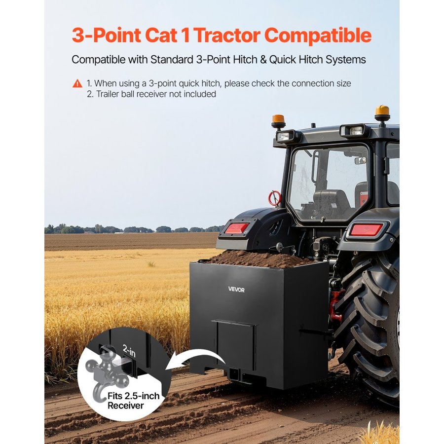 VEVOR Ballast Box, 3-Point Category 1 Tractor Ballast of 363 kg Capacity, with Standard 55 mm Hitch Receiver, Heavy-Duty Steel 0.14 m³ Large Volume Durable Loader Attachment with Sliding Door, Black