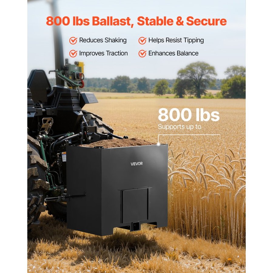 VEVOR Ballast Box, 3-Point Category 1 Tractor Ballast of 363 kg Capacity, with Standard 55 mm Hitch Receiver, Heavy-Duty Steel 0.14 m³ Large Volume Durable Loader Attachment with Sliding Door, Black