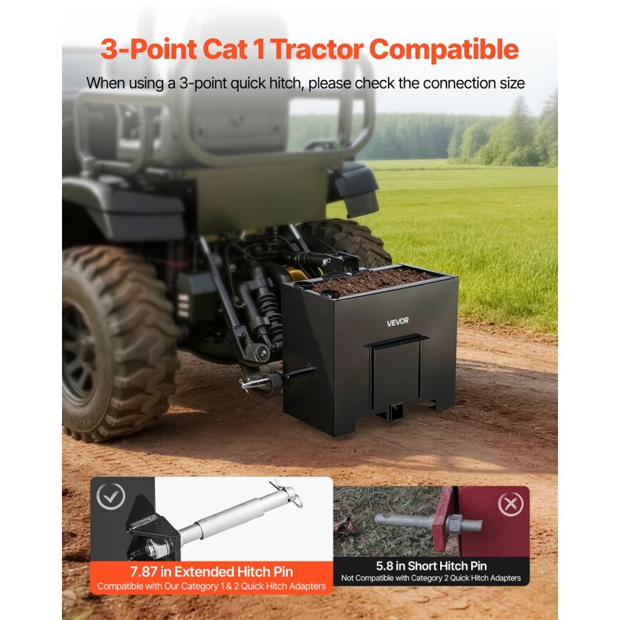 VEVOR Ballast Box, 3-Point Category 1 Tractor Ballast of 363 kg Capacity, with Standard 55 mm Hitch Receiver, Heavy-Duty Steel 0.09 m³ Large Volume Durable Loader Attachment with Sliding Door, Black