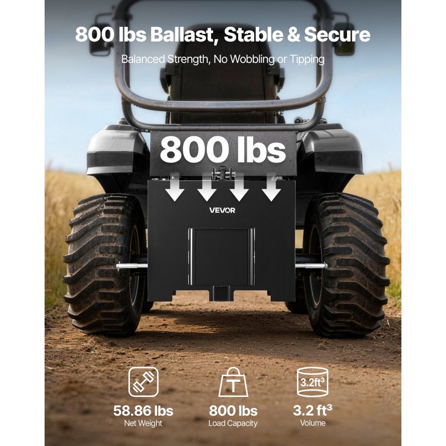 VEVOR Ballast Box, 3-Point Category 1 Tractor Ballast of 363 kg Capacity, with Standard 55 mm Hitch Receiver, Heavy-Duty Steel 0.09 m³ Large Volume Durable Loader Attachment with Sliding Door, Black