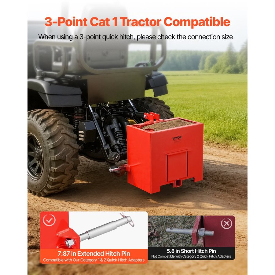 VEVOR Ballast Box, 3-Point Category 1 Tractor Ballast of 363 kg Capacity, with Standard 55 mm Hitch Receiver, Heavy-Duty Steel 0.09 m³ Large Volume Durable Loader Attachment with Sliding Door, Red