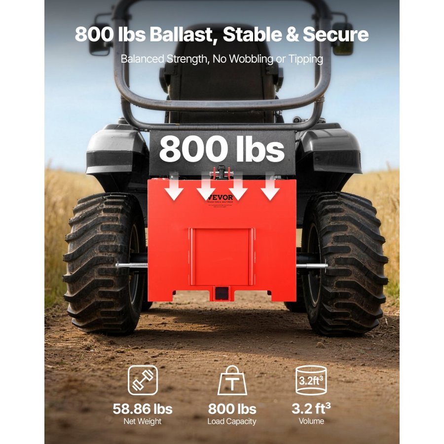 VEVOR Ballast Box, 3-Point Category 1 Tractor Ballast of 363 kg Capacity, with Standard 55 mm Hitch Receiver, Heavy-Duty Steel 0.09 m³ Large Volume Durable Loader Attachment with Sliding Door, Red