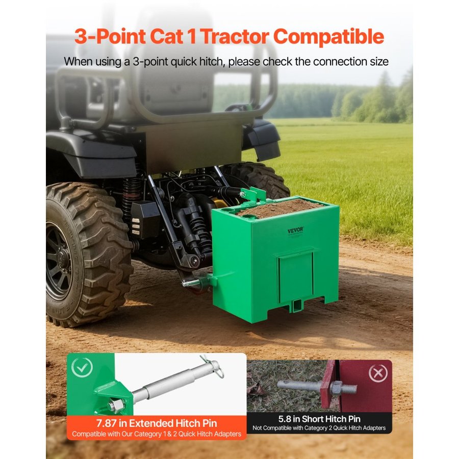 VEVOR Ballast Box, 3-Point Category 1 Tractor Ballast of 363 kg Capacity, with Standard 55 mm Hitch Receiver, Heavy-Duty Steel 0.09 m³ Large Volume Durable Loader Attachment with Sliding Door, Green