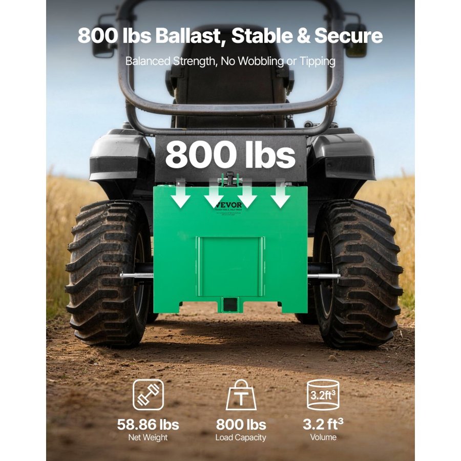 VEVOR Ballast Box, 3-Point Category 1 Tractor Ballast of 363 kg Capacity, with Standard 55 mm Hitch Receiver, Heavy-Duty Steel 0.09 m³ Large Volume Durable Loader Attachment with Sliding Door, Green