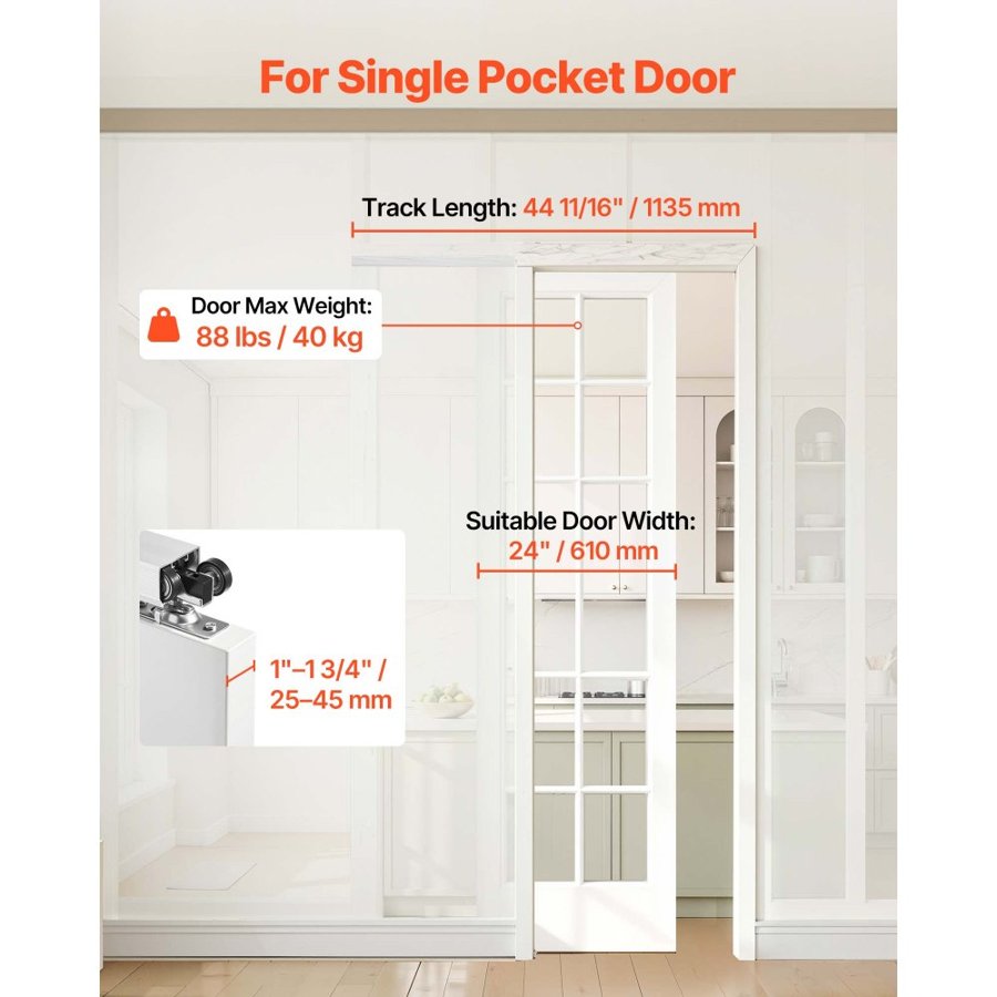 VEVOR Sliding Pocket Door Hardware Track Kit, 1135 mm Pocket Door Track Kit with Soft Close Mechanism for Smooth and Quiet Sliding, Easy to Install, for 25 to 45 mm Thickness 610 mm Width Single Door