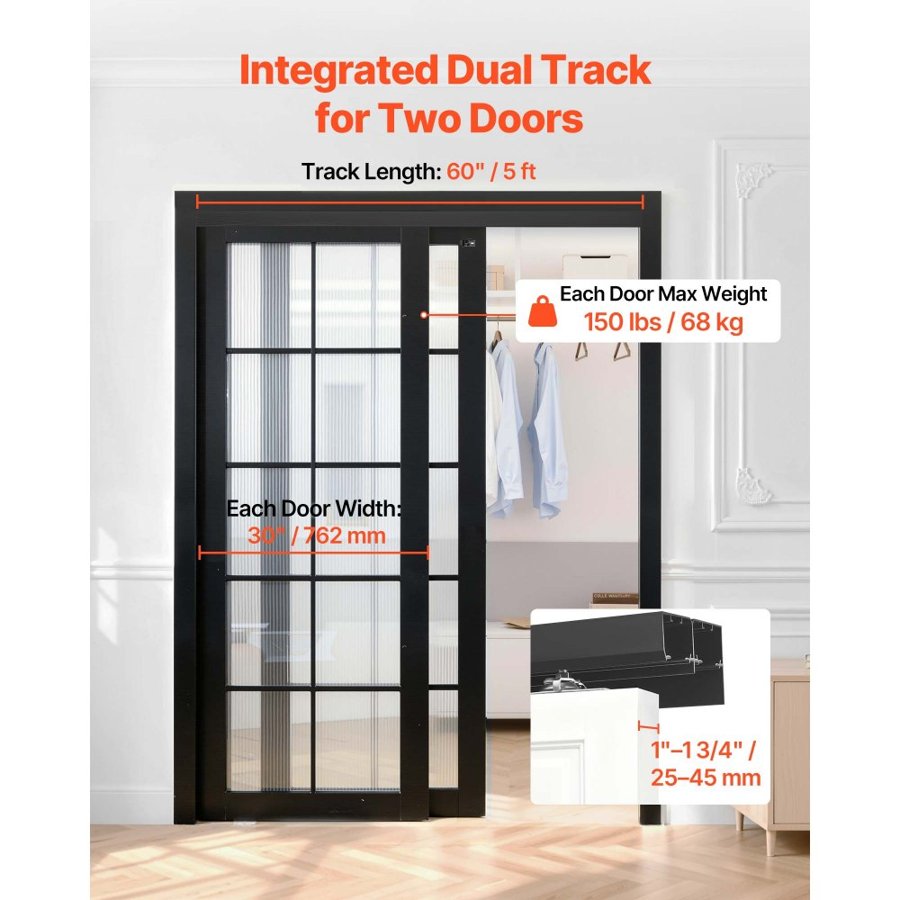 VEVOR Bypass Sliding Door Hardware Kit, 1524 mm Aluminum Alloy Dual-Track Bypass Door Hardware, Smooth and Quiet Sliding, Easy to Install, for 25 to 45 mm Thickness 762 mm Width 2 Door System