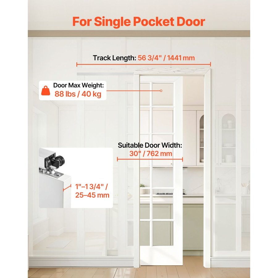 VEVOR Sliding Pocket Door Hardware Track Kit, 1441 mm Pocket Door Track Kit with Soft Close Mechanism for Smooth and Quiet Sliding, Easy to Install, for 25 to 45 mm Thickness 762 mm Width Single Door
