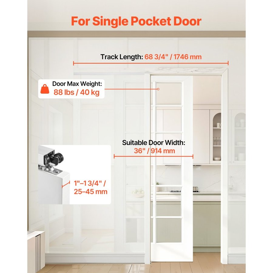 VEVOR Pocket Door Track Kit – 68.74", Soft Close, 36" Door