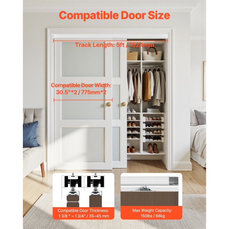 VEVOR Bypass Door Hardware Kit — Aluminum Smooth Roll Track