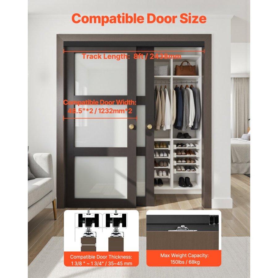 VEVOR Sliding Closet Door Hardware Kit - 8ft Heavy Duty