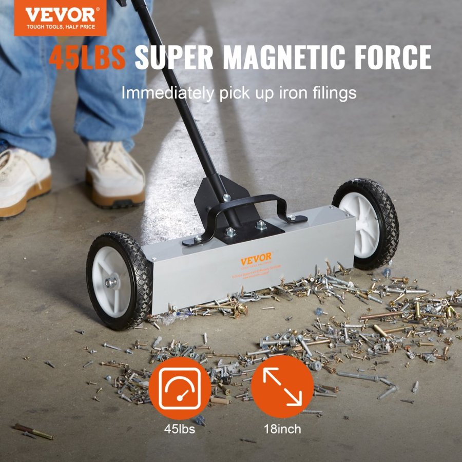 VEVOR 20.4 kg Rolling Magnetic Sweeper with Wheels, Push-Type Magnetic Pick Up Sweeper, 18-inch Large Magnet Pickup Lawn Sweeper, Magnet with Telescoping Handle, Easy Cleanup of Workshop Garage Yard