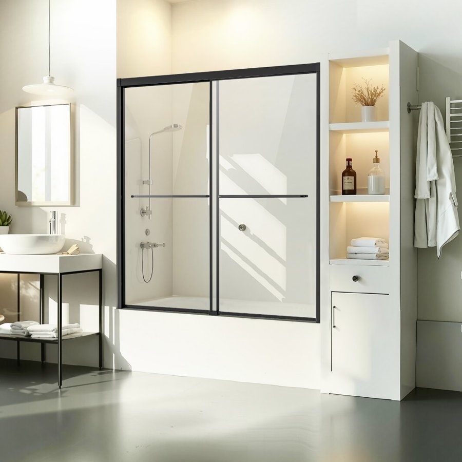 VEVOR Bathtub Shower Door, 56-60 in. W x 60 in. H, Semi-Frameless Double Sliding Tub Door, Semi-Frameless Bypass Tub Door with 1/4 in Shatterproof Tempered Glass and Stainless Steel Handle, Black