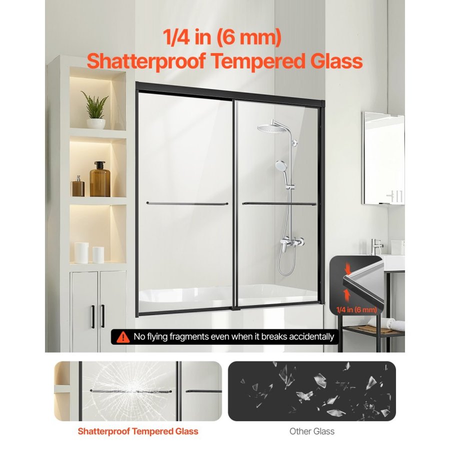 VEVOR Bathtub Shower Door, 56-60 in. W x 60 in. H, Semi-Frameless Double Sliding Tub Door, Semi-Frameless Bypass Tub Door with 1/4 in Shatterproof Tempered Glass and Stainless Steel Handle, Black
