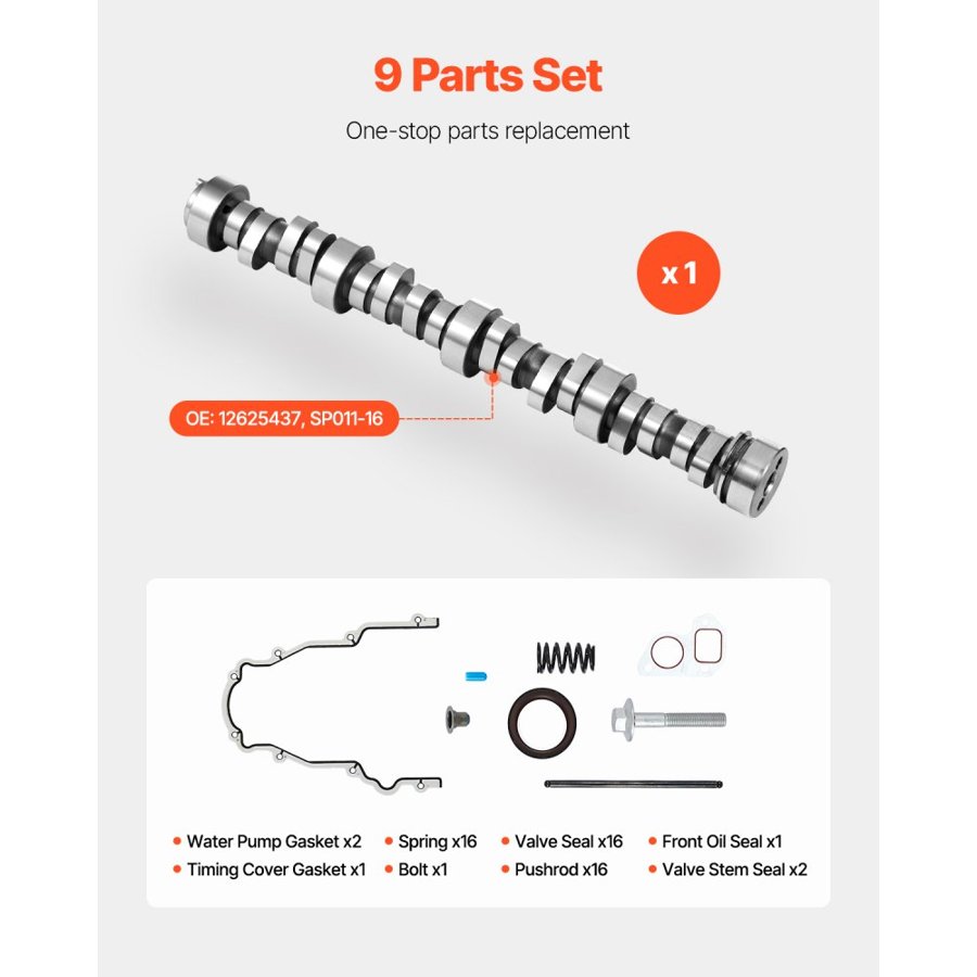 VEVOR LS Truck Cam Kit, 9-Piece Set, Includes Timing Gasket, Pushrods Springs & Seals, Compatible with 1999-2013 GM Gen3/4 Norris Trucks, Fits 4.8L, 5.3L, 6.0L, 6.2L LS Engines, OE 12625437 SP011-16