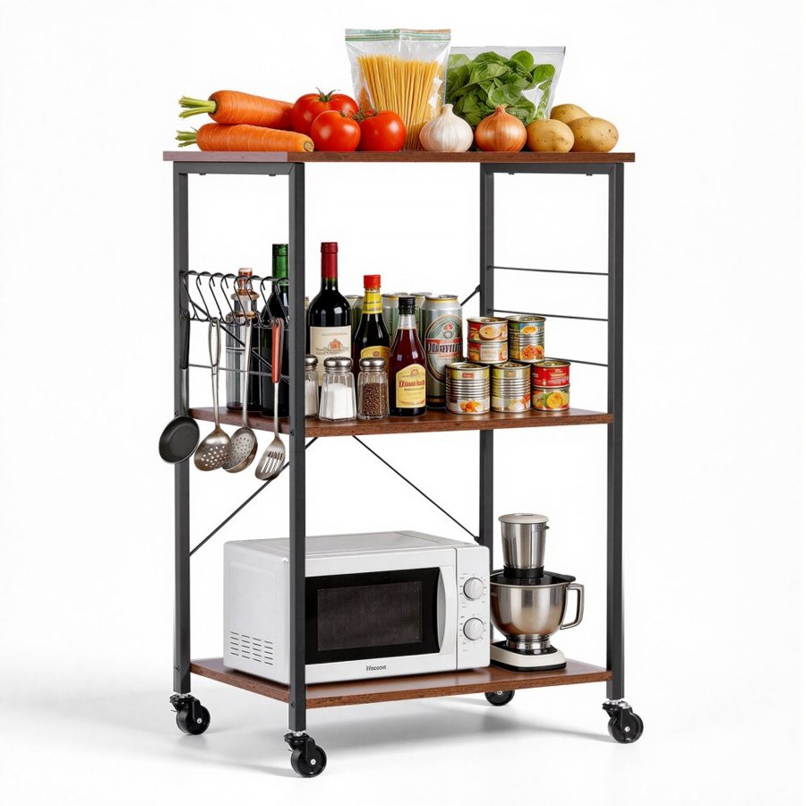 VEVOR 3 Tier Kitchen Storage Cart – 55kg, Vintage, 8 Hooks