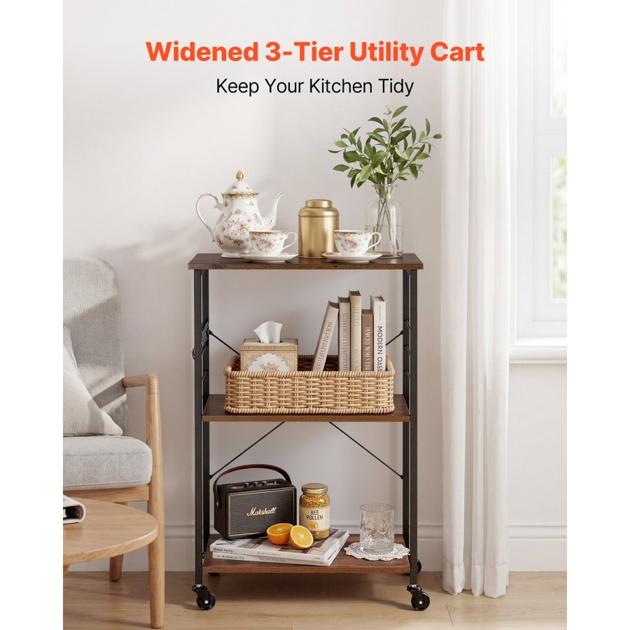 VEVOR 3 Tier Kitchen Storage Cart – 55kg, Vintage, 8 Hooks