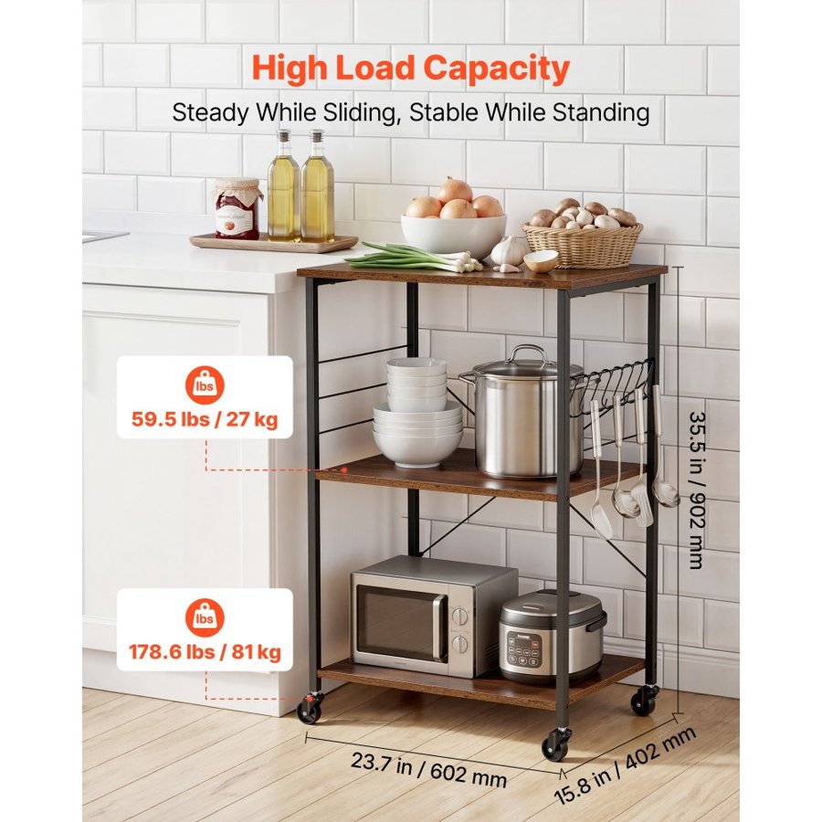 VEVOR 3 Tier Kitchen Storage Cart – 55kg, Vintage, 8 Hooks