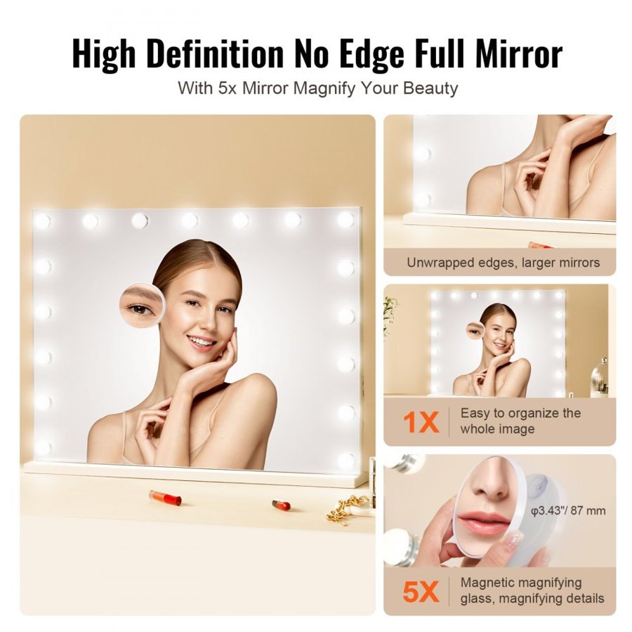 VEVOR Hollywood Vanity Mirror With Lights w/ USB Type C Desktop Wallmount 59.9 cm