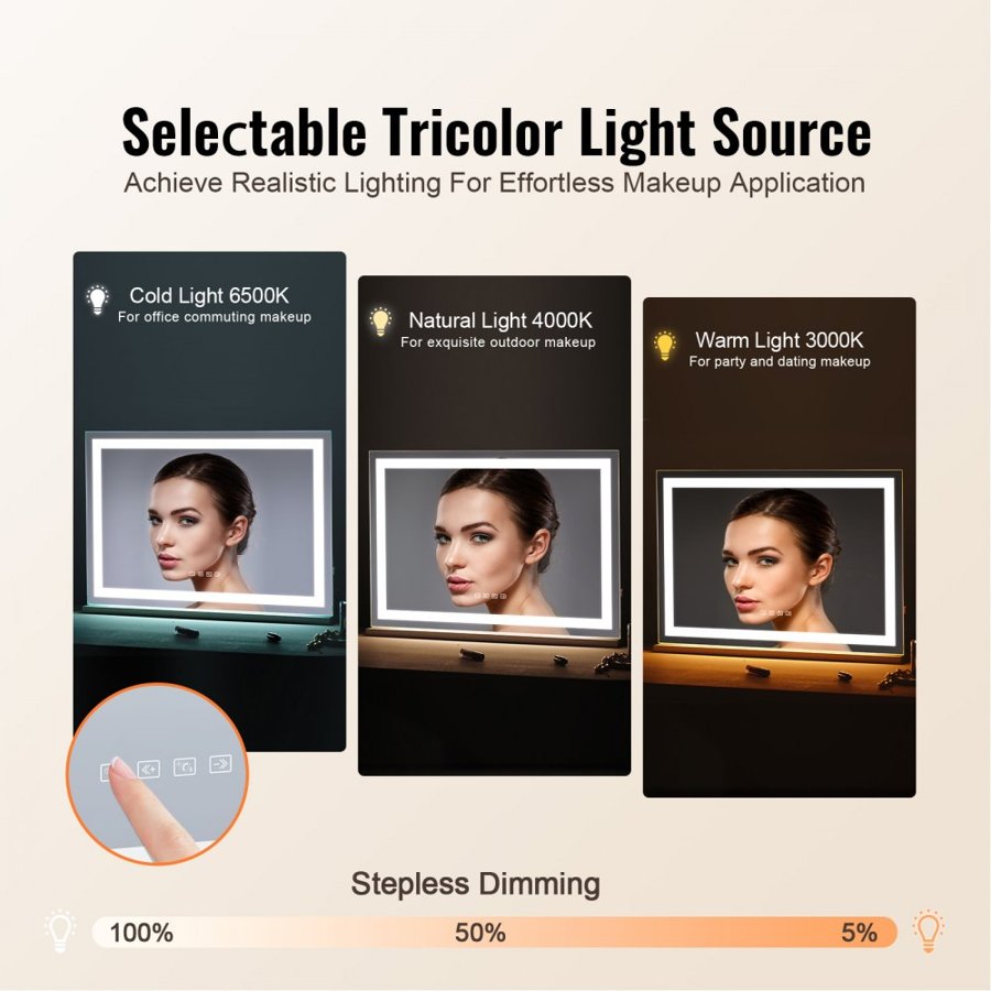 VEVOR Lighted Makeup Mirror 3 Color w/ Bluetooth USB Desktop Wall-mount 55.1 cm