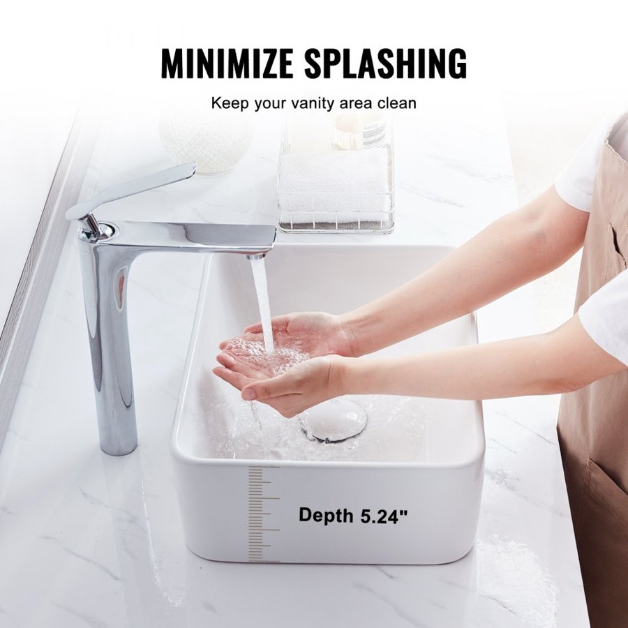 VEVOR Rectangle Vessel Sink, 16" x 12" Bathroom Vessel Sink Countertop, White Ceramic Bathroom Sinks Above Counter, Modern Style, Bright and Elegant, Well-Packaged for Bathroom, Hotel, Toilet, RV