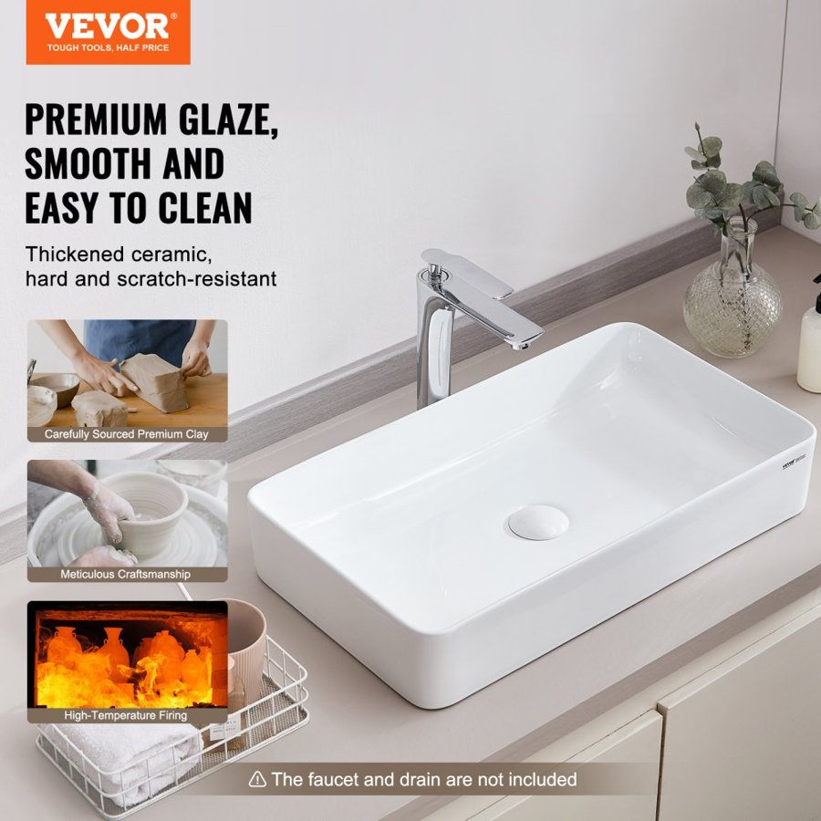 VEVOR Rectangle Vessel Sink, 24" x 13.8" Bathroom Vessel Sink Countertop, White Ceramic Bathroom Sinks Above Counter, Modern Style, Bright and Elegant, Well-Packaged for Bathroom, Hotel, Toilet, RV
