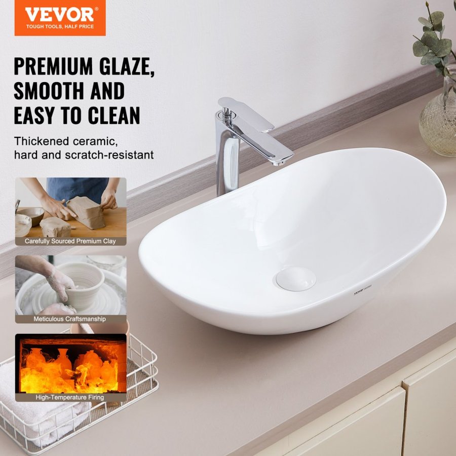 VEVOR Oval Vessel Sink, 23.3" x 14.2" Bathroom Vessel Sink Bowl Countertop, White Ceramic Bathroom Sinks Above Counter, Bowl Sink with Modern Style, Well-Packaged for Bathroom, Hotel, Toilet, RV