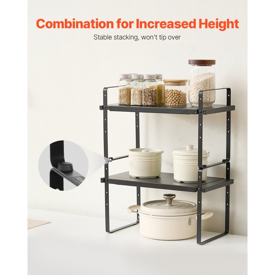 VEVOR Adjustable Kitchen Cabinet Shelf Organizer, Expandable 2 Tier Cabinet Shelf, Stackable Countertop Organizers and Storage Shelf Risers, Pantry Organizers for Kitchen Bathroom Office, Black