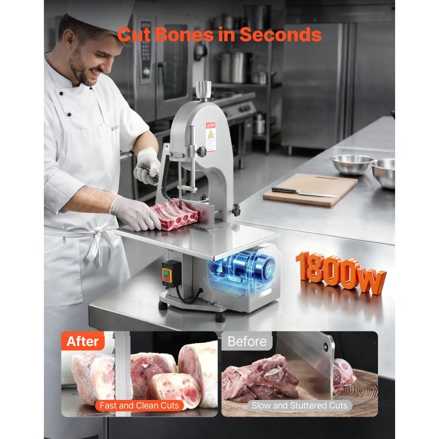VEVOR Commercial Electric Meat Bandsaw, 1800W Stainless Steel Countertop Bone Sawing Machine, Workbeach 15" x 19.1", 7.09 Inch Max Cutting Thickness, Frozen Meat Cutter with 5 Blades for Rib Pork Beef