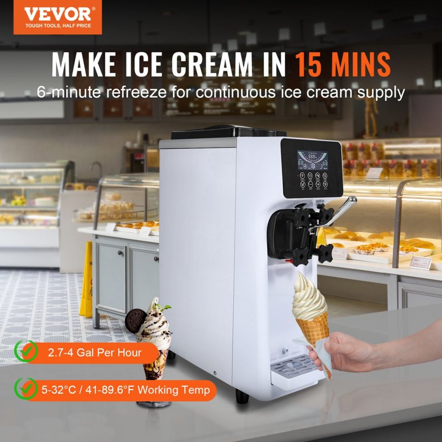 VEVOR Commercial Ice Cream Machine, 10L/H Yield, 900W Single Flavor Countertop Soft Serve Ice Cream Maker, with 4L Hopper 1.6L Cylinder, LCD Panel Auto Clean Pre-cooling, for Restaurant Snack Bar