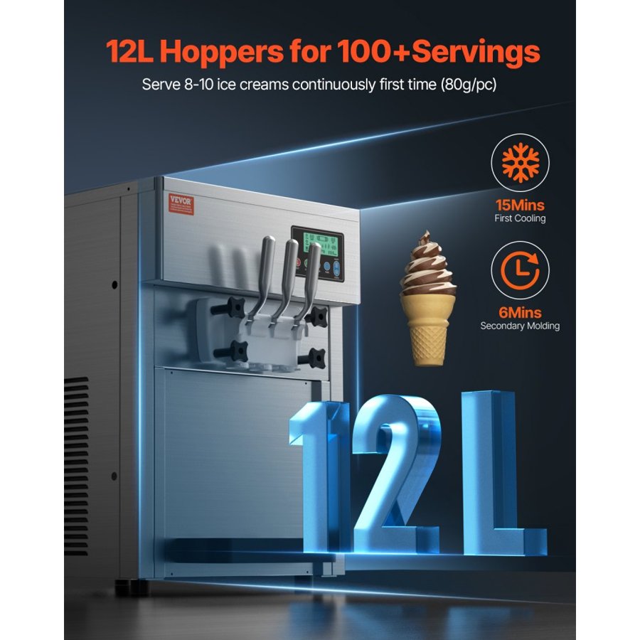 VEVOR Commercial Ice Cream Machine, 21 QT/H Yield, 1800W 3-Flavor Countertop Soft Serve Ice Cream Maker, 2 x 4L Hopper 2 x 1.8L Cylinder, LCD Panel Auto Clean Pre-cooling, for Restaurant Snack Bar