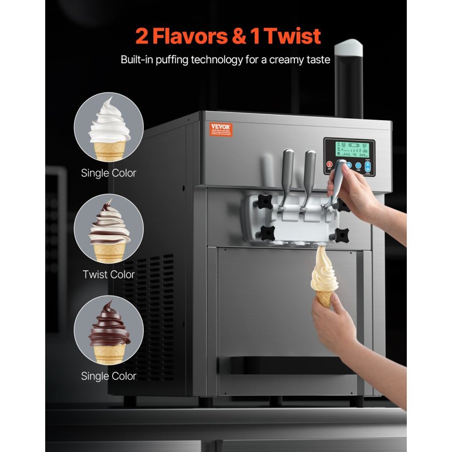 VEVOR Commercial Ice Cream Machine, 21 QT/H Yield, 1800W 3-Flavor Countertop Soft Serve Ice Cream Maker, 2 x 4L Hopper 2 x 1.8L Cylinder, LCD Panel Auto Clean Pre-cooling, for Restaurant Snack Bar