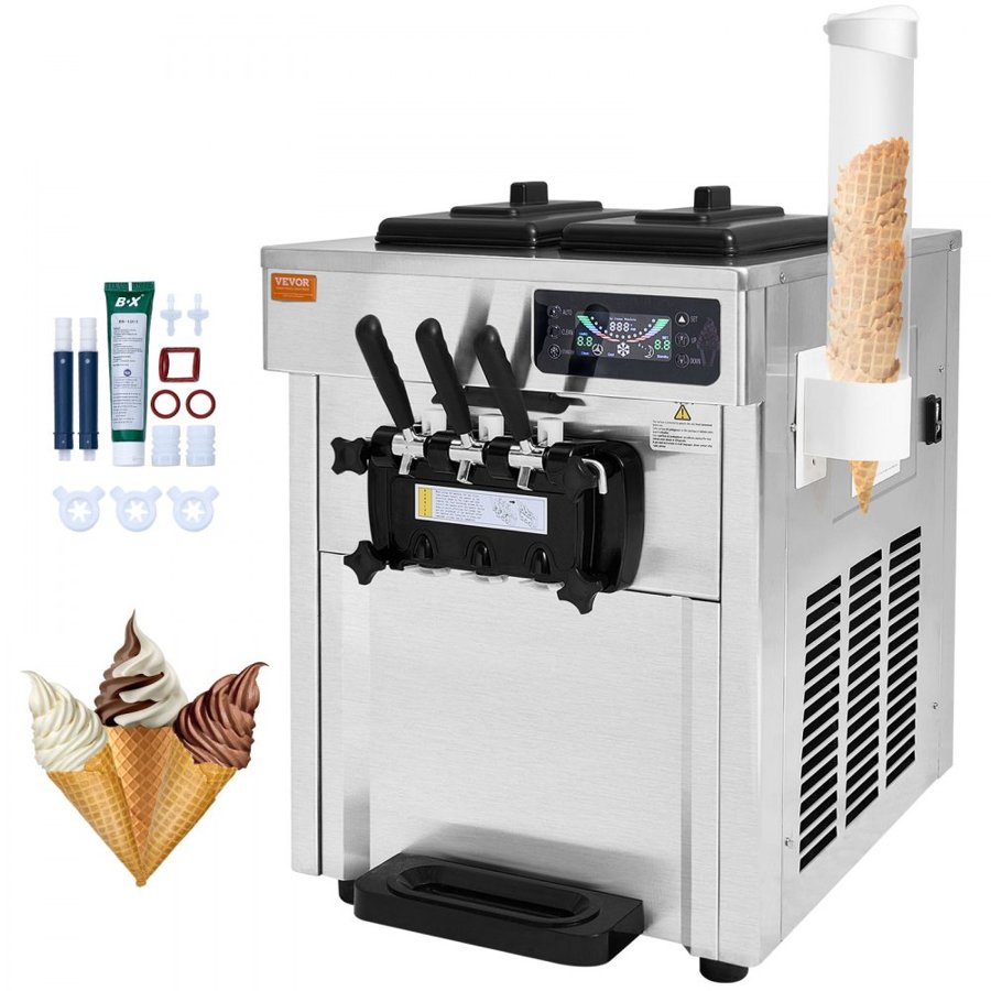 VEVOR Commercial Ice Cream Machine, 18-28 L/H Yield, 1650W 3-Flavor Countertop Soft Serve Ice Cream Maker,  2 x 5.5L Stainless Steel Cylinder, LED Panel Auto Clean Pre-cooling, for Restaurant Bars