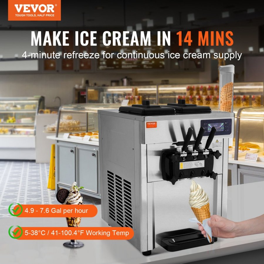VEVOR Commercial Ice Cream Machine, 18-28 L/H Yield, 1650W 3-Flavor Countertop Soft Serve Ice Cream Maker,  2 x 5.5L Stainless Steel Cylinder, LED Panel Auto Clean Pre-cooling, for Restaurant Bars