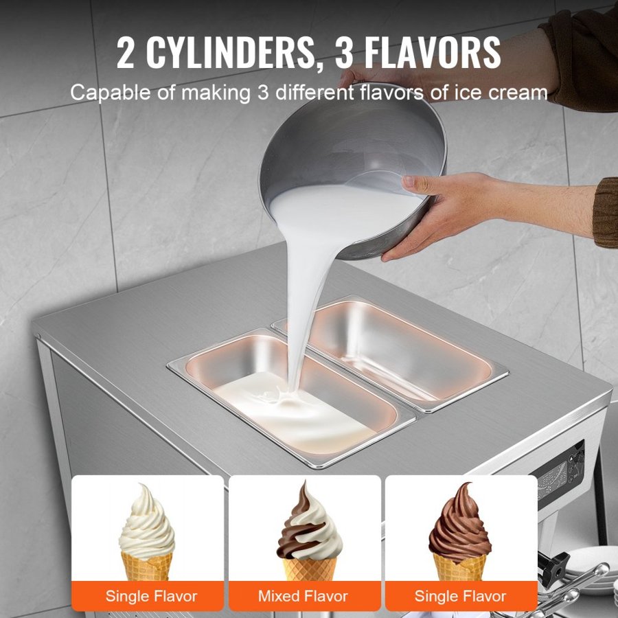 VEVOR Commercial Ice Cream Machine, 18-28 L/H Yield, 1650W 3-Flavor Countertop Soft Serve Ice Cream Maker,  2 x 5.5L Stainless Steel Cylinder, LED Panel Auto Clean Pre-cooling, for Restaurant Bars