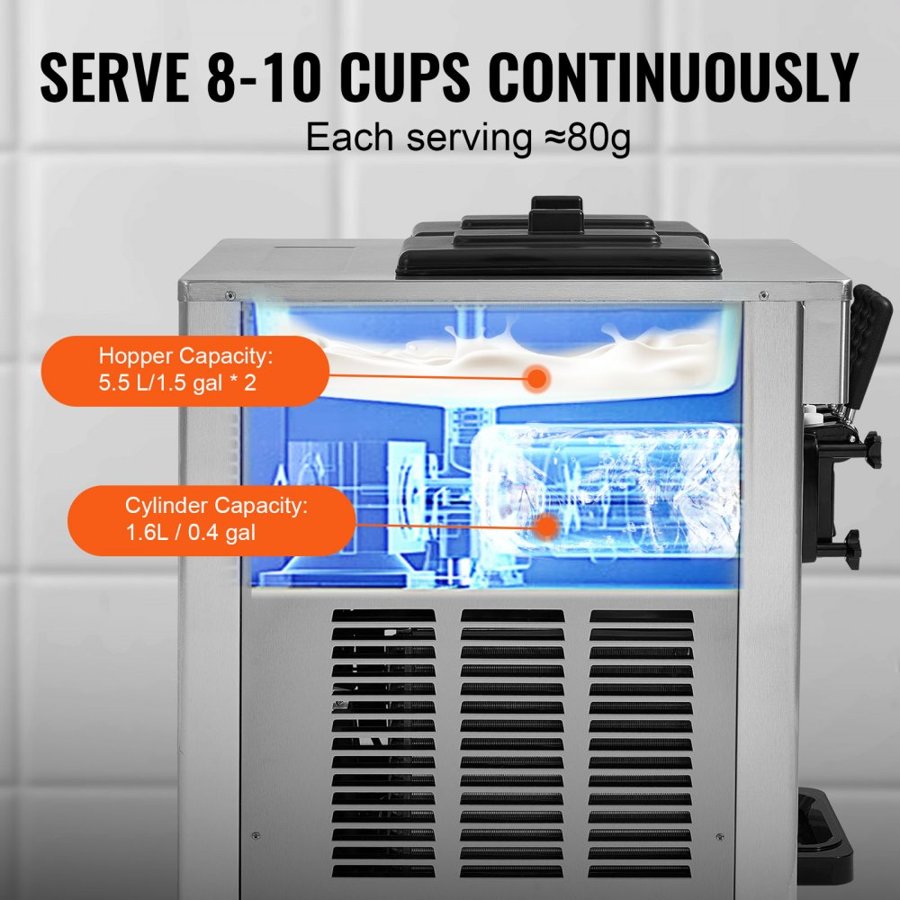 VEVOR Commercial Ice Cream Machine, 18-28 L/H Yield, 1650W 3-Flavor Countertop Soft Serve Ice Cream Maker,  2 x 5.5L Stainless Steel Cylinder, LED Panel Auto Clean Pre-cooling, for Restaurant Bars