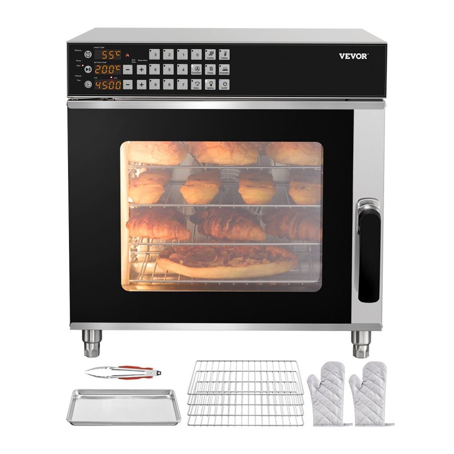 VEVOR Commercial Convection Oven, 58L Conventional Oven Countertop, 2800W 4-Tier Toaster Oven with Tempered Glass Door, Wire Racks Clip Tray Gloves, Stainless Steel Electric Baking Oven for Restaurant